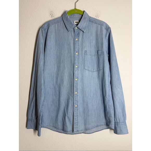 Uniqlo Men’s Denim Slim Fit Long Sleeve Shirt Light Blue Buttoned Sz S See Notes - Picture 1 of 11